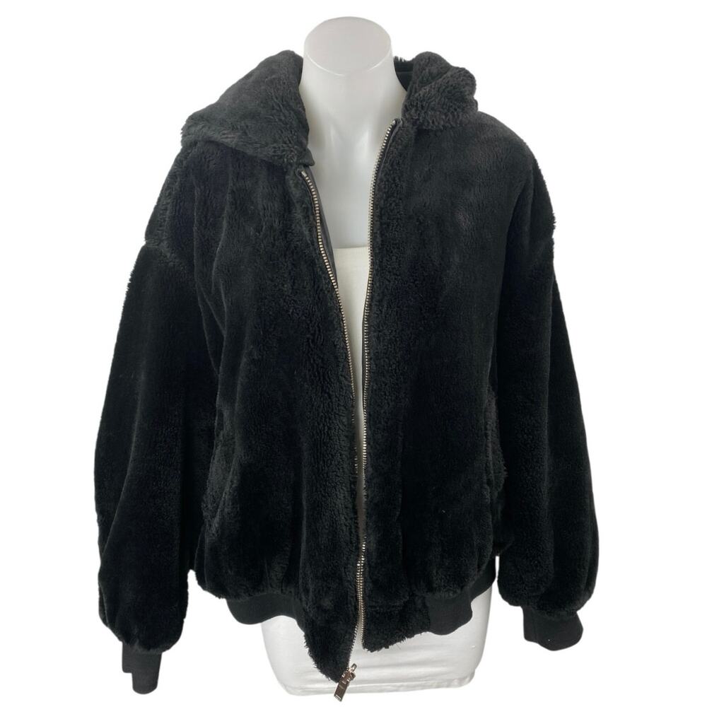 Zara Women's Black Faux Shearling Full Zip Hooded Hoodie Teddy Sweater Jacket M